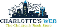 Logo of Charlotte's Web, a children's book store, with a spider web and cityscape design.